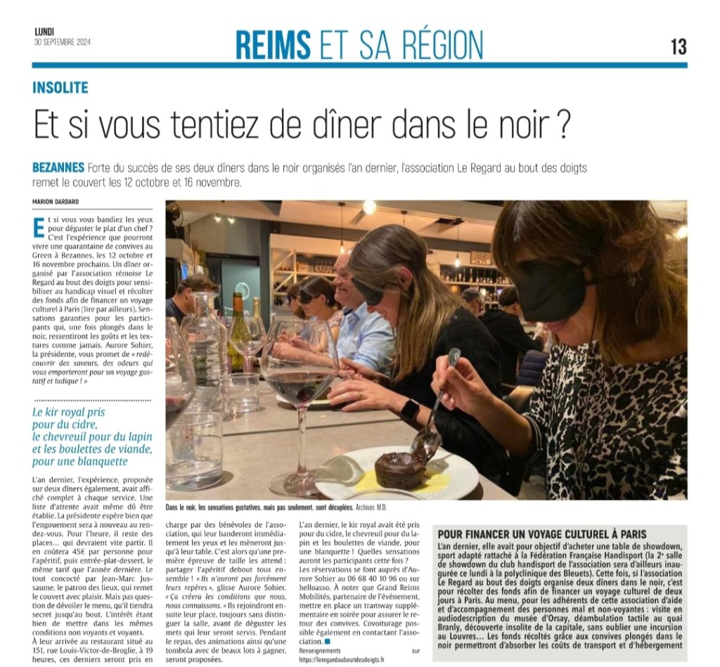 article du journal illustré par des convives yeux bandés en train de manger