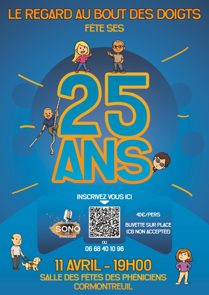 affiche avec la mention 25 ans entourés de petits personnages déficients visuels