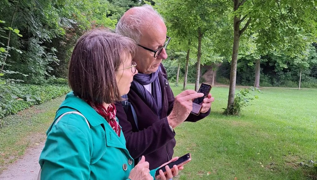 deux personnes dans un parc regardent leur téléphone